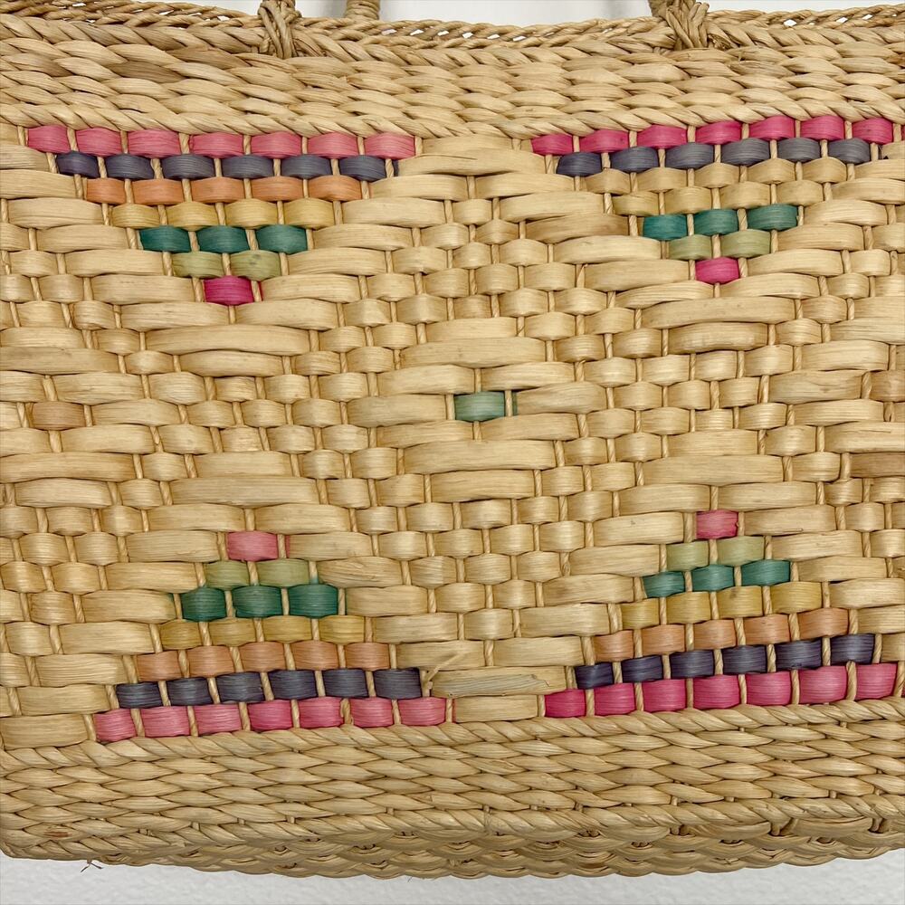 Vintage Woven Straw Tote Bag Boho Market Basket Painted Tribal Aztec Detail - Picture 2 of 11